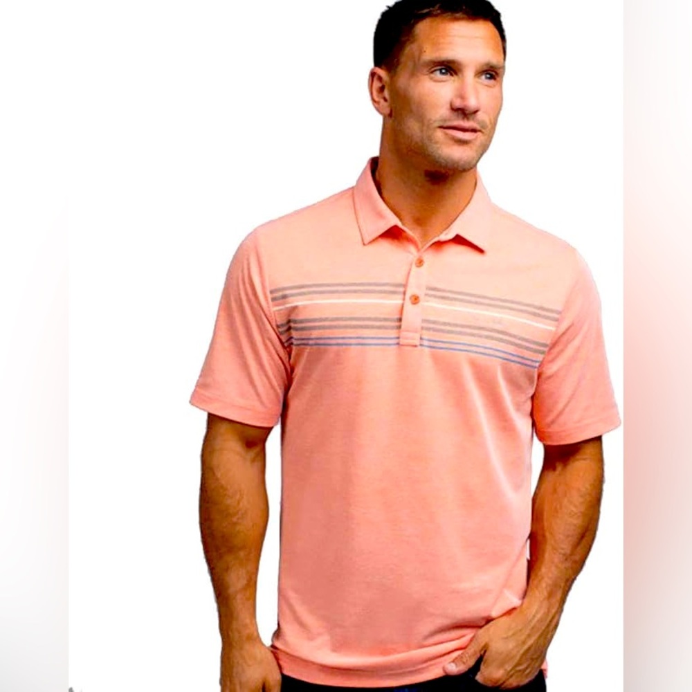 Travis Mathew Orange/Autumn Heather Polo with Grey, White, & Blue Chest Stripes